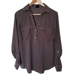 Ann Taylor Factory Striped Popover Blouse Womens Medium Burgundy Exc Tab Sleeve